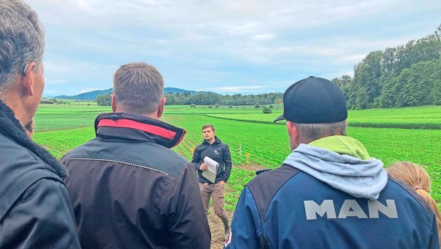 Matthias Lüscher, Berater der Zuckerrüben-Fachstelle, steht im Feld und erklärt die Sortenversuche. 