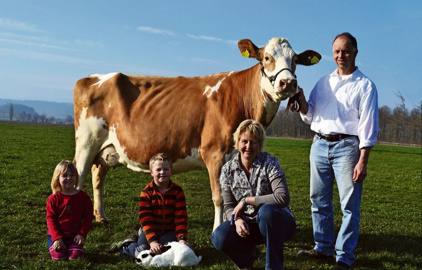 Jacqueline und Adrian Weber mit den Kindern Deborah und Cédric, der unbedingt auch sein Kaninchen mit auf dem Foto haben wollte. An der Halfter hält Adrian seine Spitzenkuh Incas Tulpe (55 55 98) und mit EX-91 beschrieben. Die Kuh Tulpe kommt dem Zuchtziel bei Webers sehr nahe. (Bild: Peter Fankhauser)