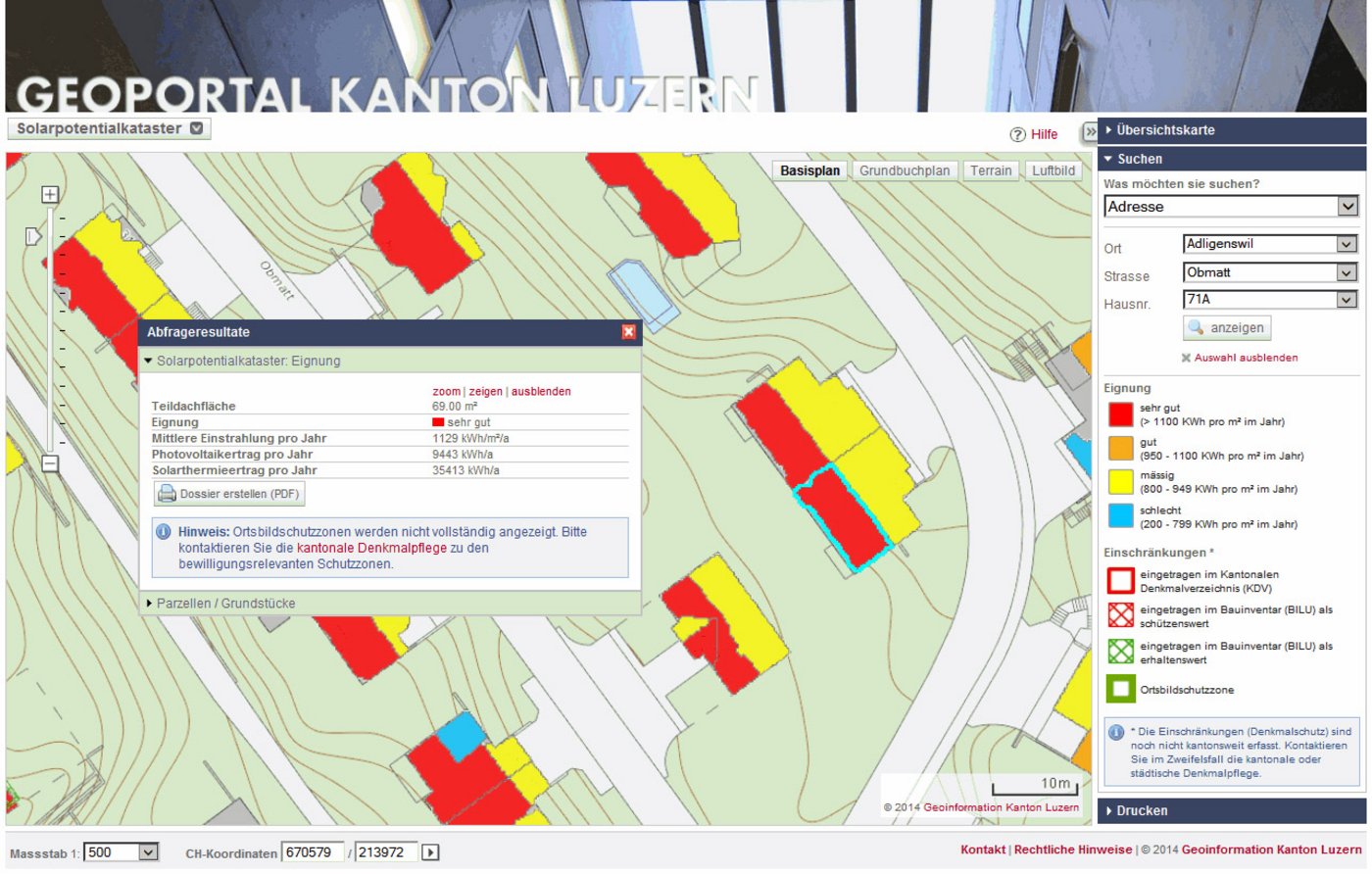 Der Solarkataster zeigt die Eignung der Gebäude im Kanton Luzern für Solaranlagen.