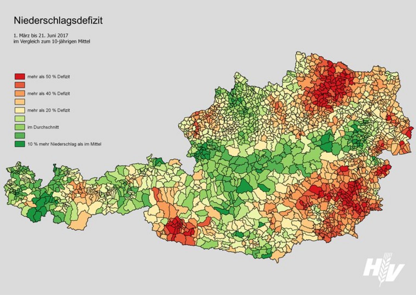 Das Niederschlags-Defizit in Österreich von März bis Juni. (Bild Österreichische Hagelversicherung)