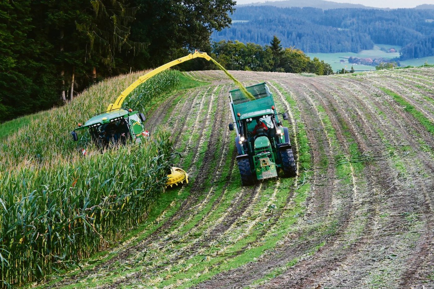 Auch im hügeligen und steilen Gelände funktioniert der John-Deere-Maishacker einwandfrei. Mit dem Maishacker vom Team Röthlisberger fährt nur einer, nämlich Hanspeter Brügger, genannt «Hubu».(Bilder Jasmine Baumann)