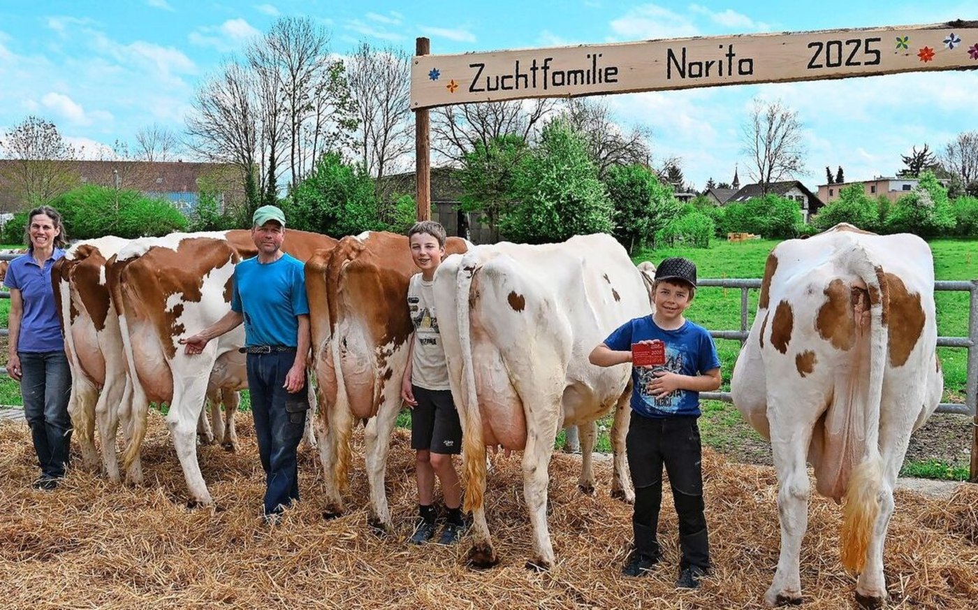Die Freude über den Erfolg an der Zuchtfamilienschau um Stammkuh Narita (rechts) ist bei Nicole Hälg, Urs Guggisberg und den Söhnen Dario und Armon (v. l. n. r.), gross. 