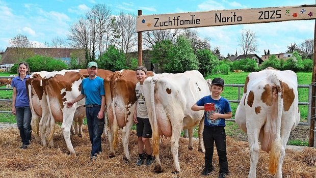 Die Freude über den Erfolg an der Zuchtfamilienschau um Stammkuh Narita (rechts) ist bei Nicole Hälg, Urs Guggisberg und den Söhnen Dario und Armon (v. l. n. r.), gross. 