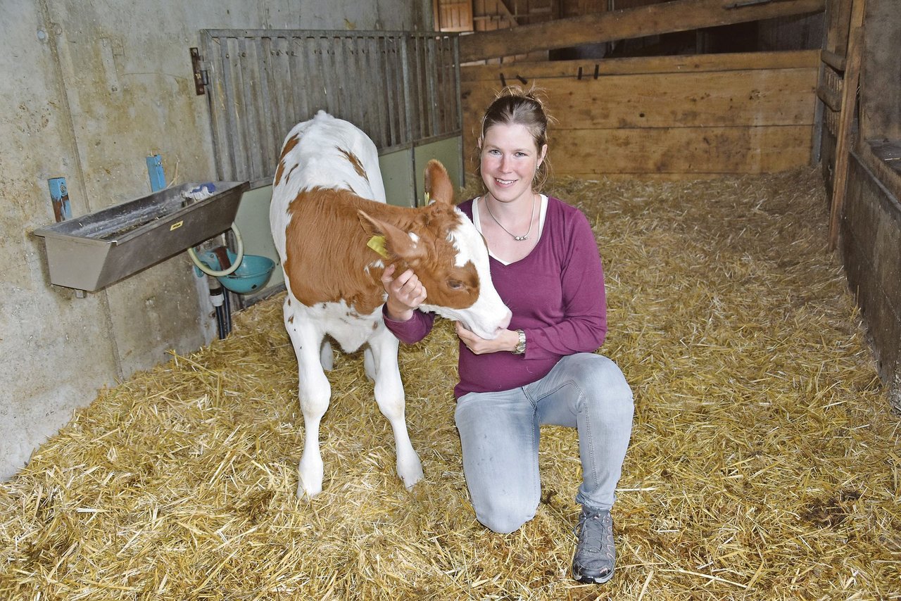 Auch die Viehzucht liegt der Bäuerin am Herzen: Fränzi Krähenbühl mit dem Red-Holstein-Kalb Flurina. Bei den Viehschauen ist sie gerne mit dabei. (Bilder Barbara Heiniger)