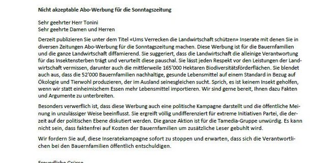 Der Protestbrief des SBV an die Tamedia. (Bild pd)