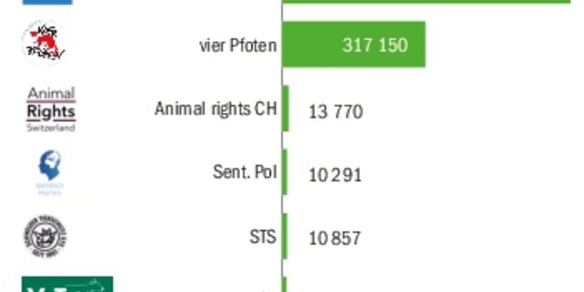 Aufgeführt ist die  Anzahl Facebook-Likes, für TIF und «Vier Pfoten» international und bei Peta für Deutschland. Beim STS gilt es zu beachten, dass nur die deutsch-sprachige Facebook-Seite berücksichtigt wurde. (Grafik BauZ)
