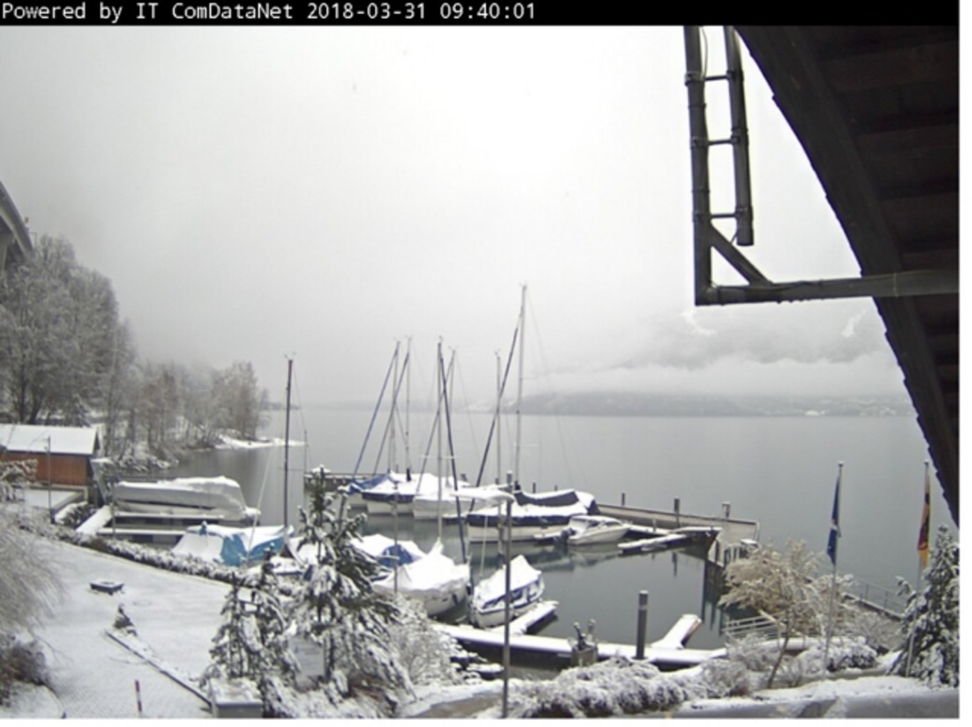 Schneefall bis in tiefe Lagen: Die Webcam-Aufnahme zeigt Schnee im Hafen Bolzbach, Seedorf UR. (Screenshot Elektrizitätswerk Uri)