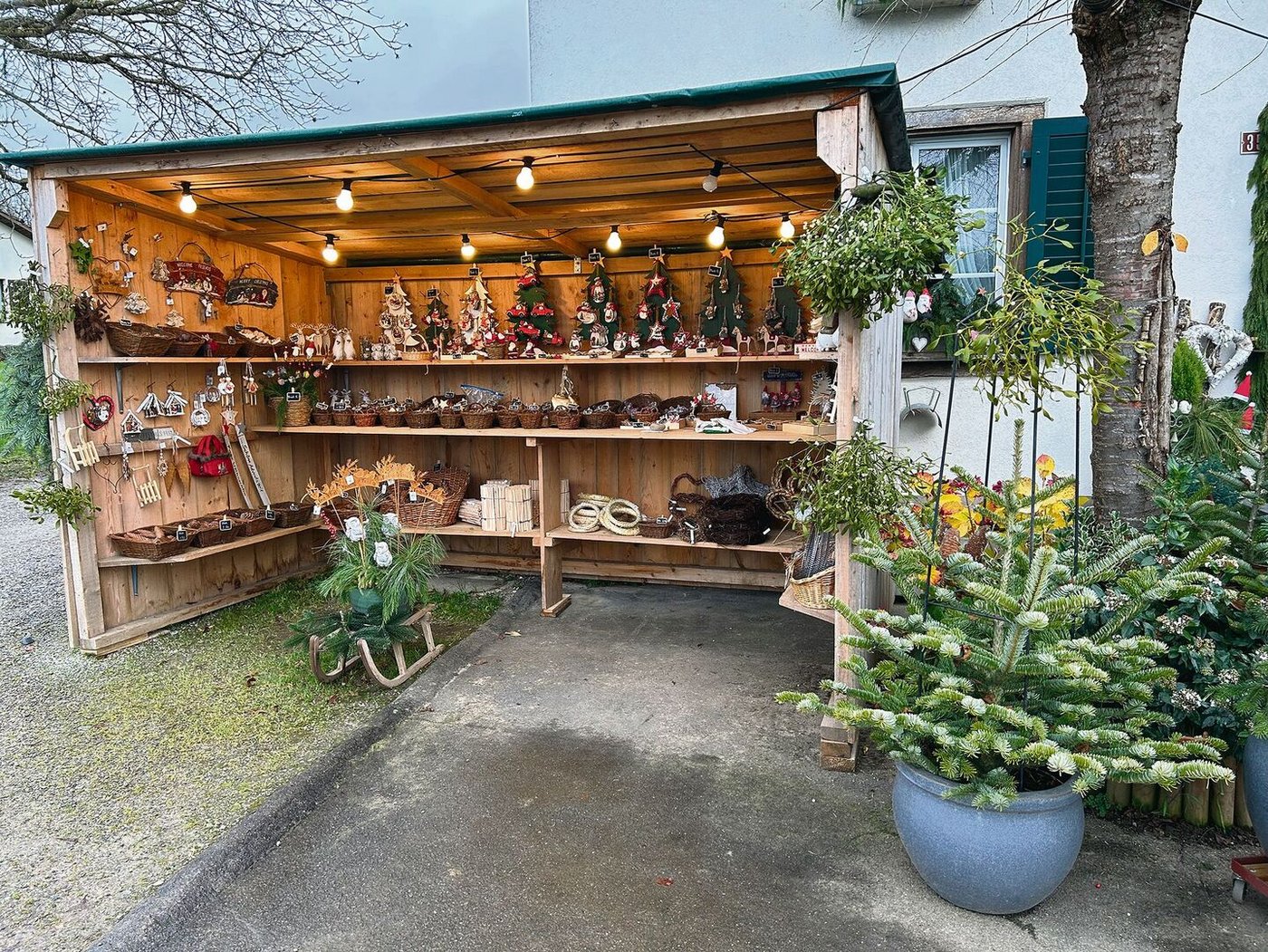 Im Verkaufsstand sind Tannenäste und Koniferen zu finden sowie Bastel- und Dekomaterial und schöner Adventsschmuck. 