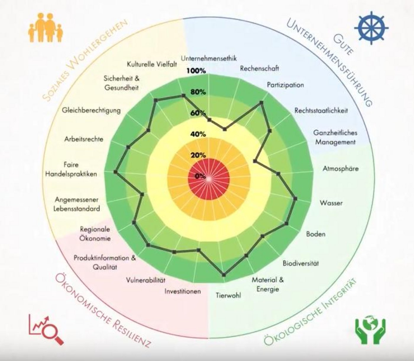 Eine Übersichtsgrafik zeigt dem Landwirt, wie gut er sein Nachhaltigkeitsziel (schwarze Linie im Kreis) erreicht. Dabei nähert sich die schwarze Linie dem dunkelgrünen Bereich (100% Nachhaltigkeit), je nachhaltiger der Landwirt wirtschaftet.  (Screenshot Youtube-Video FiBL)