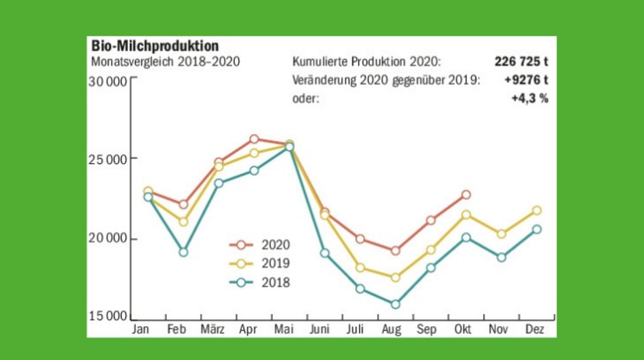 Die Biomilch-Produktion legt weiter kräftig zu. Das führt bei den Milchhändlern und beim Dachverband Bio Suisse zu Vorsichtsmassnahmen. (Grafik mi, Quelle: Marktlagebericht Milch)