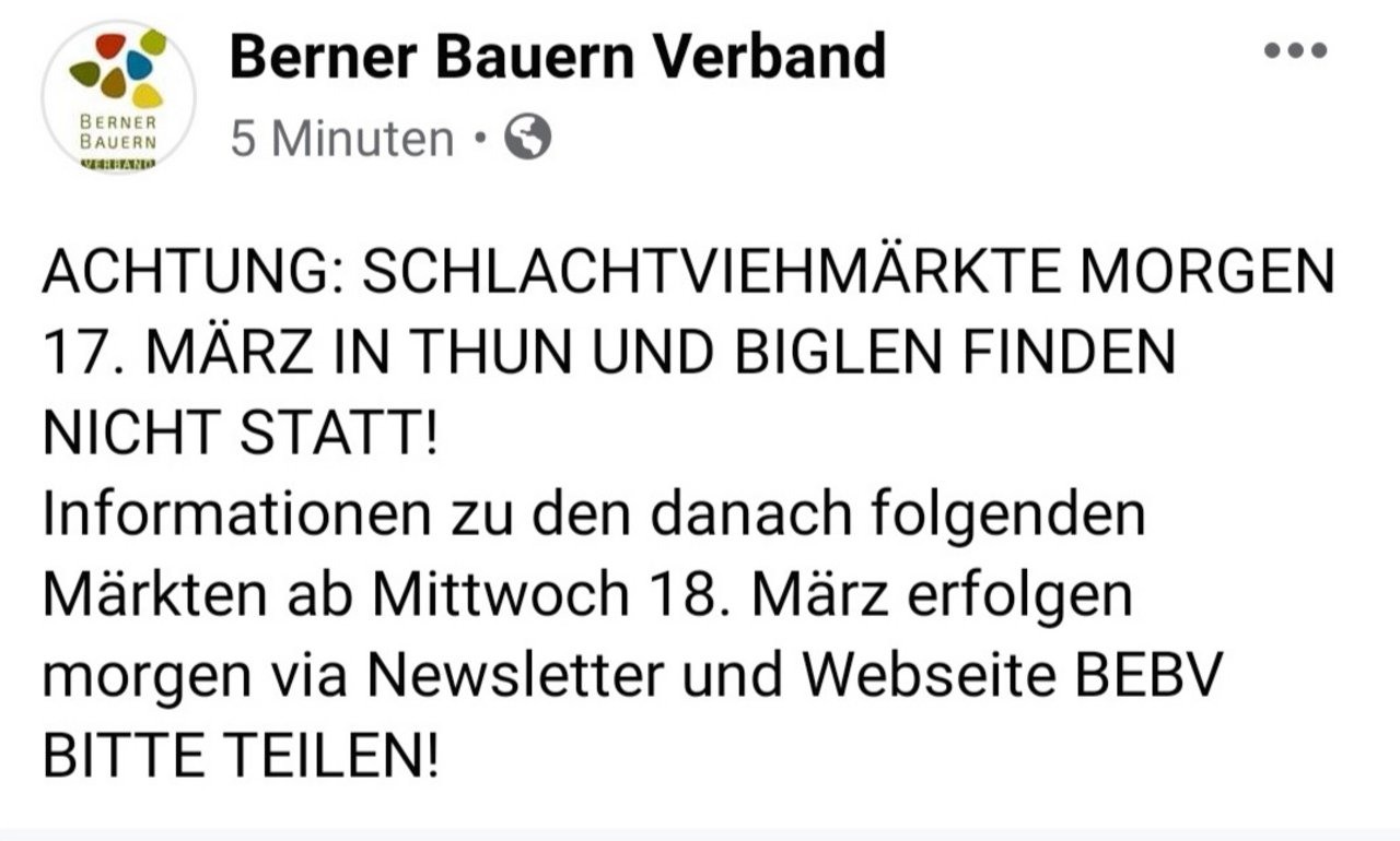 Die am Montagabend versandte Nachricht des Berner Bauernverbands. (Bild Screenshot)