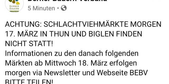 Die am Montagabend versandte Nachricht des Berner Bauernverbands. (Bild Screenshot)