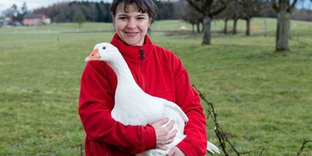 Astrid Spiri aus Neukirch an der Thur und eine ihrer Diepholzer Gänse. (Foto: Marion Nitsch)