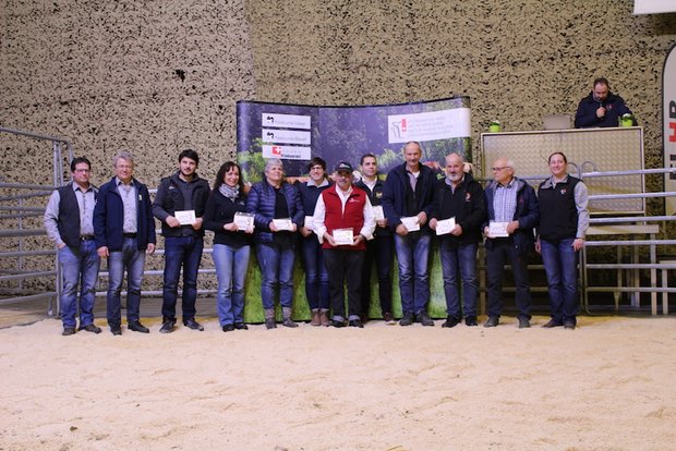 Mutterkuh Schweiz zeichnet langlebige Kühe und Stiere aus Die Gewinnerinnen und Gewinner des Herdbook-Awards Kühe 2019, umrahmt vom Präsidenten von Mutterkuh Schweiz, vom Präsidenten der FLHB-Kommission, vom Geschäftsführer und von der Leiterin Herdebuch von Mutterkuh Schweiz. (Bilder zVg)