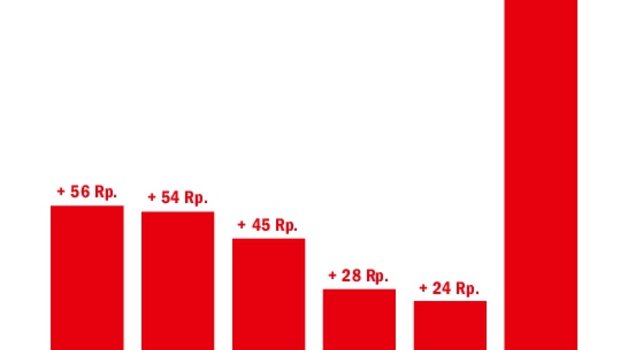 Die Grafik zeigt die durchschnittlichen Mehrerlöse für Schlachttiere je Kilo Schlachtgewicht in den Wochen 2 bis 46 des laufenden Jahres gegenüber der gleichen Vorjahresperiode.(Quelle Agristat)