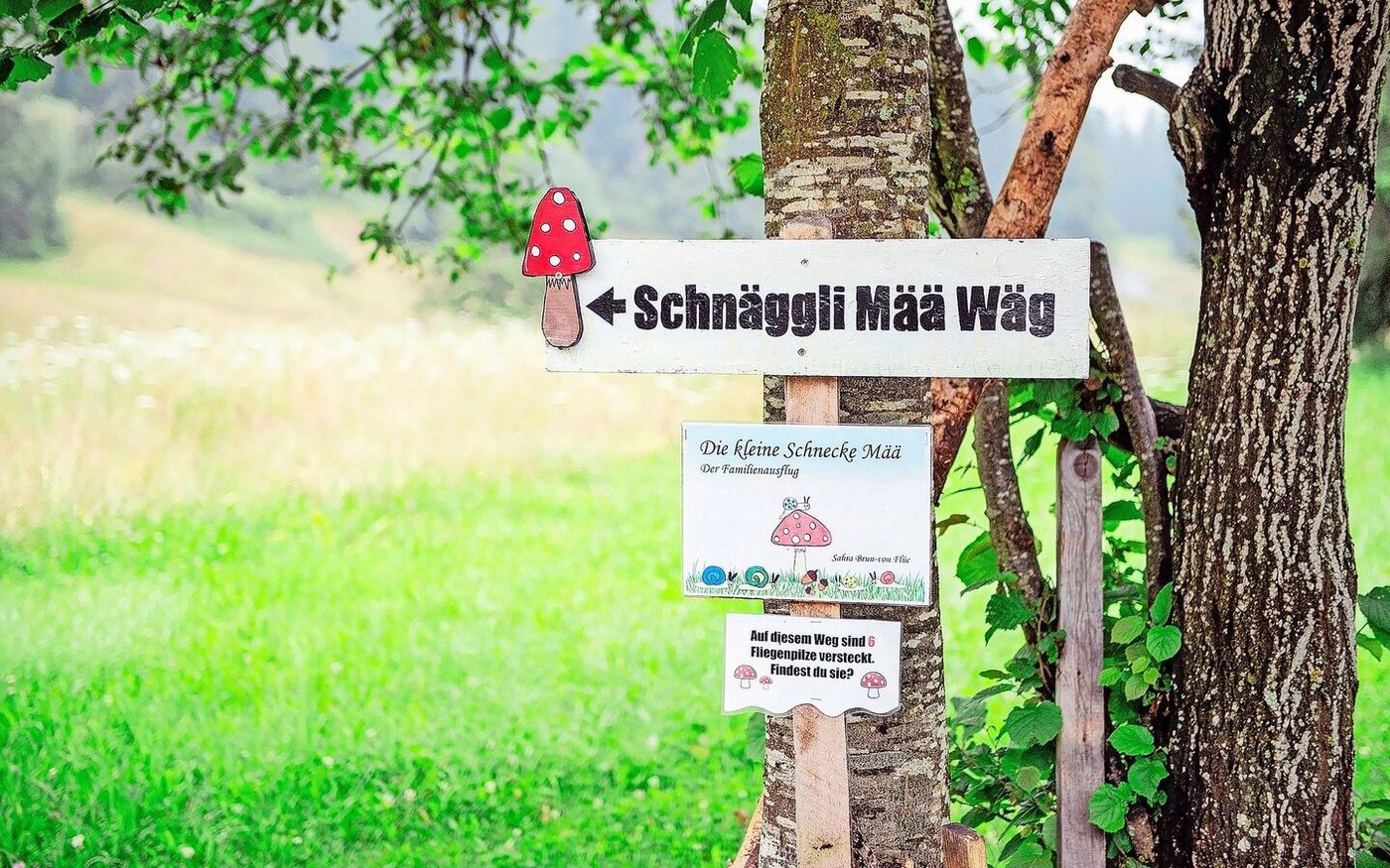 Start des Themenweges, mit dem Buchcover und einer ersten Holzfigur gekennzeichnet.