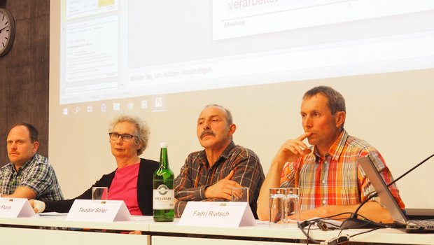 Sie diskutierten über die Zukunft der Bündner Milchalpen (v. l. n. r.): Markus Michel, Elita Florin, Teodor Solèr, Fadri Riatch. (Bild: chw)