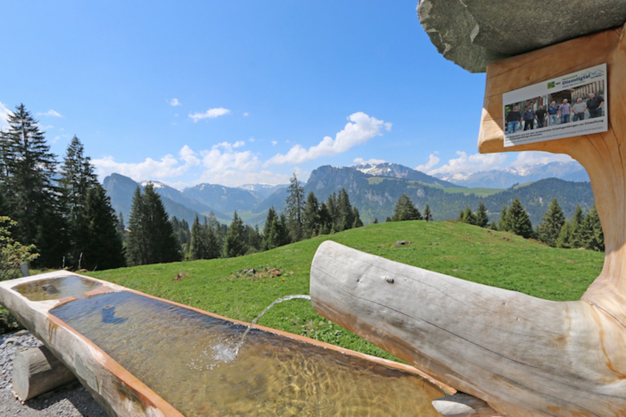 Der Schwingerbrunnen am Wegrand sorgt für Abkühlung. (Bild Naturpark Diemtigtal)