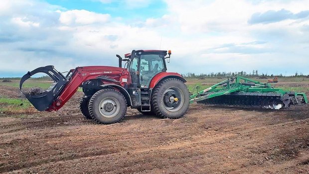 Auch in Kanada stehen die Frühlingsarbeiten an. Das frisch gerodete Feld wird mit der Egge bearbeitet, damit später Futter für die Kühe eingesät werden kann.