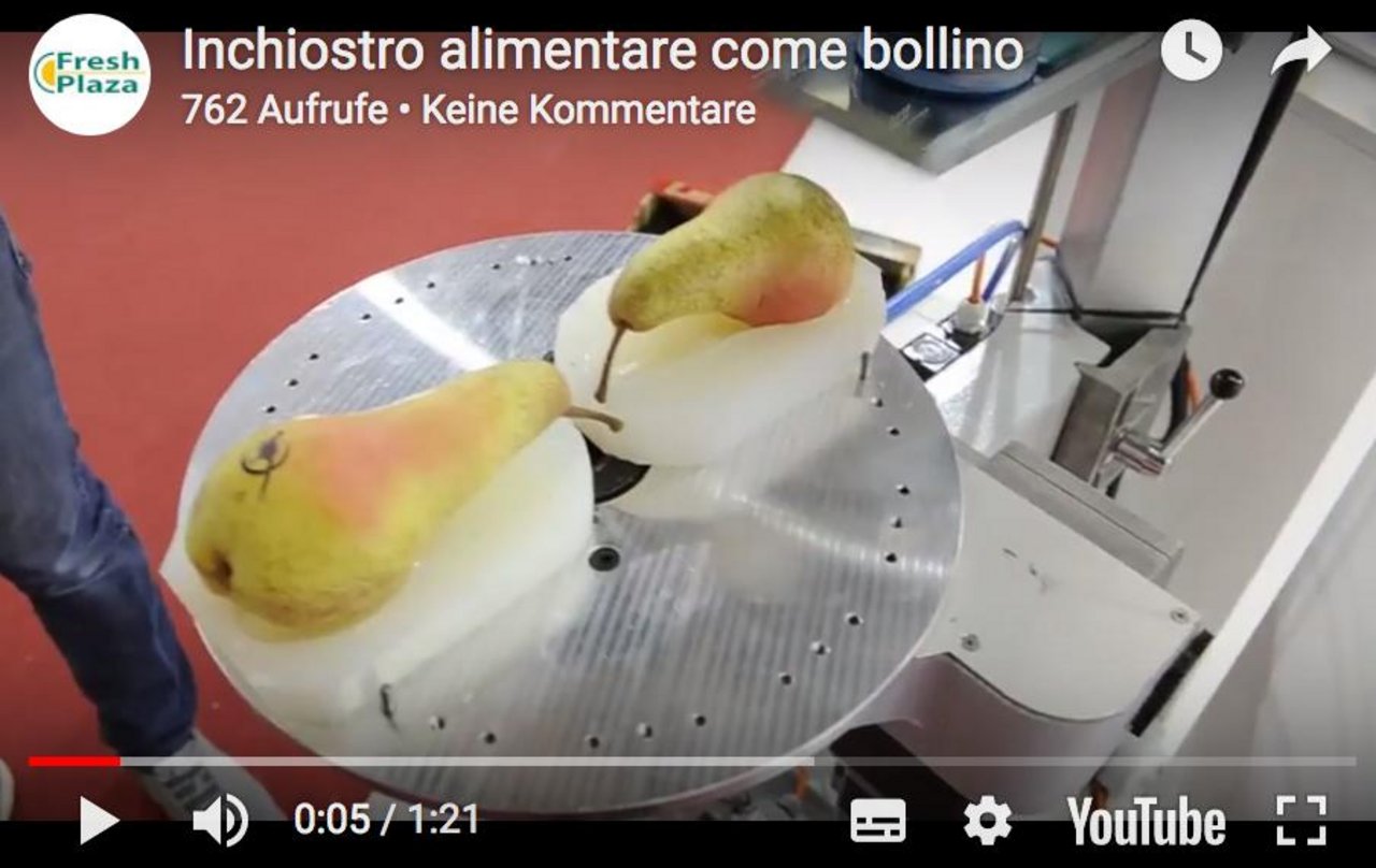 Ein Youtube Video zeigt, wie die Maschine Birnen bedruckt. (Bild Screenshot Youtube/FreshPlazaIT)