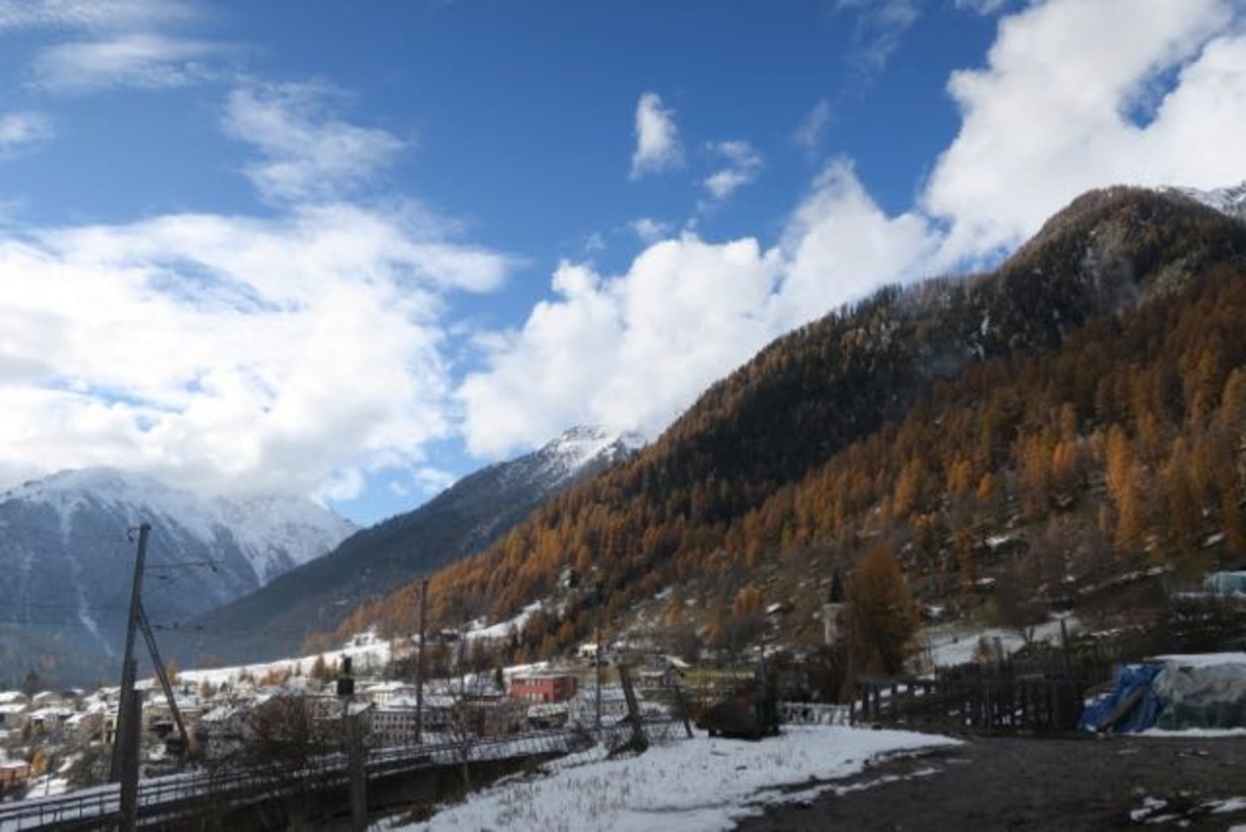 Blick vom Laufhof Richtung Lavin. Der Brunch findet auf dem Laufhof statt. Dann sind die Kühe jeweils auf der Alp.