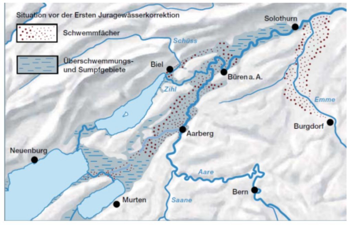  Vor den Juragewässerkorrektionen floss die Aare von Aarberg Richtung Norden. Das Gebiet um die drei Jurarandseen bis nach Solothurn war sumpfig und wurde immer wieder überflutet. (Bild Screenshot Kanton Bern)
