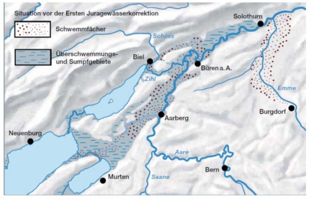  Vor den Juragewässerkorrektionen floss die Aare von Aarberg Richtung Norden. Das Gebiet um die drei Jurarandseen bis nach Solothurn war sumpfig und wurde immer wieder überflutet. (Bild Screenshot Kanton Bern)