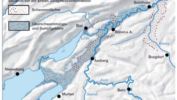  Vor den Juragewässerkorrektionen floss die Aare von Aarberg Richtung Norden. Das Gebiet um die drei Jurarandseen bis nach Solothurn war sumpfig und wurde immer wieder überflutet. (Bild Screenshot Kanton Bern)
