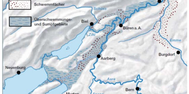  Vor den Juragewässerkorrektionen floss die Aare von Aarberg Richtung Norden. Das Gebiet um die drei Jurarandseen bis nach Solothurn war sumpfig und wurde immer wieder überflutet. (Bild Screenshot Kanton Bern)