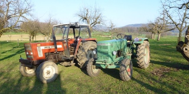 Den Bührer OP17 (1972) braucht Stefan Riggenbach zum Düngen / Spritzen und für kleinere Transportarbeiten. Den Fiat 666 (1985) allgemein im Futterbau inkl. Gülle führen.