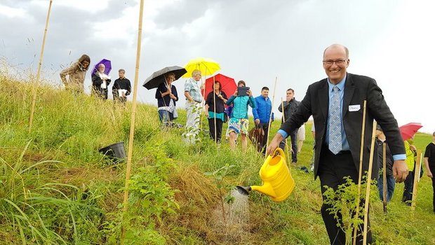 SBV-Präsident Markus Ritter beim bewässern der frisch gepflanzten . 
