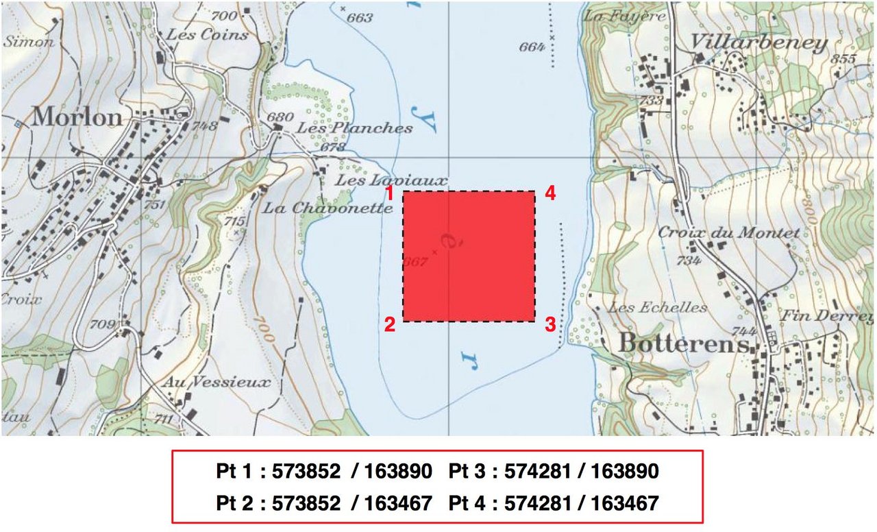 Die Verbotszone auf dem Montsalven-Sees und ...
