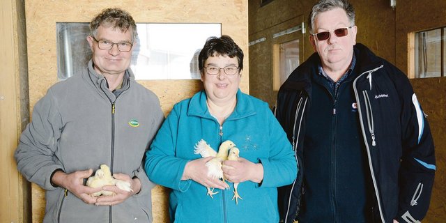 Christian Kopp (rechts) zu Besuch bei Barbara und Peter Züttel, die Geflügelfleisch ab Hof verkaufen. Die kreative Palette an Truten-, Poulet- und Suppenhuhnfleisch wird in der Metzgerei Kopp in Heimisbach verarbeitet. (Bilder Simone Barth)