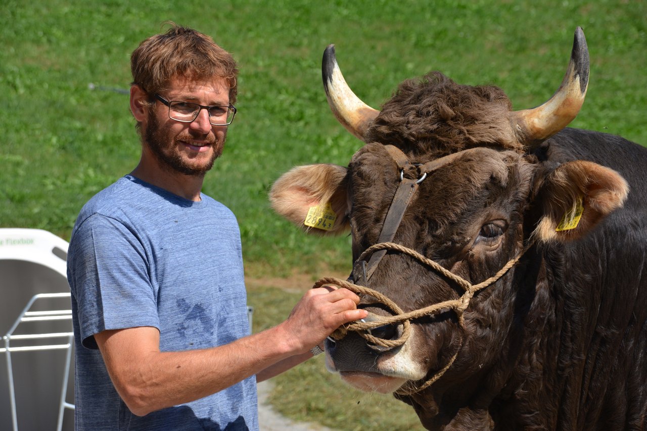 OB-Stierenzüchter Fredy Frank mit Maurutz. Dieser wird am Stierenmarkt zu bestaunen sein, ist aber unverkäuflich. (Bilder aem)