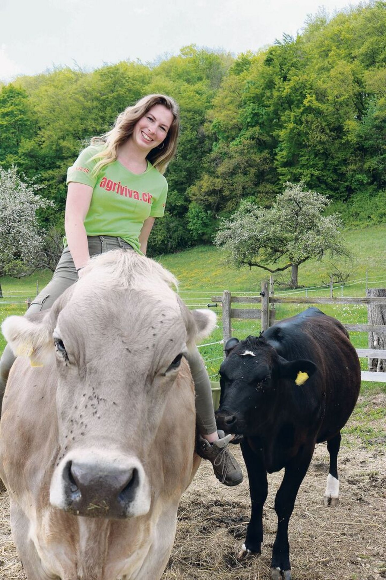 Tana Wüthrich reitet auf Kühen. Sie unterstützt Agriviva mit ihrer Präsenz in den sozialen Netzwerken.