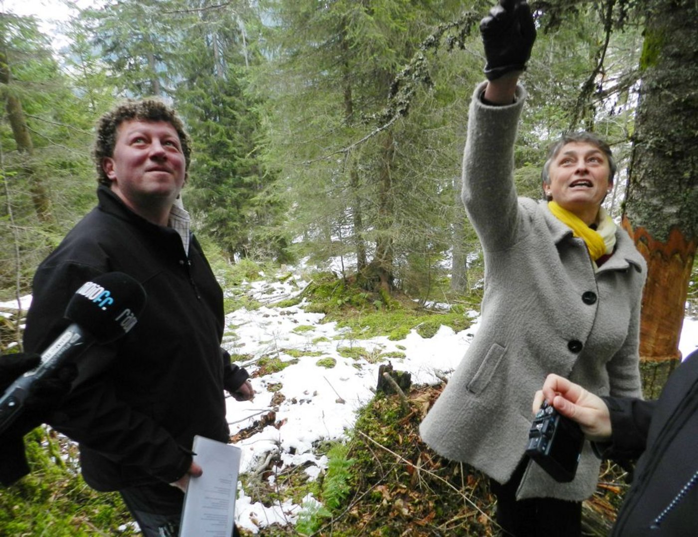 Wie Gemeindeförster Vincent Castella und Staatsrätin Marie Garnier aufzeigten, hat sich die Biodiversität im Wald seit Beginn des Projekts im Jahr 2011 schon erfreulich entwickelt. (Bild: Josef Jungo)