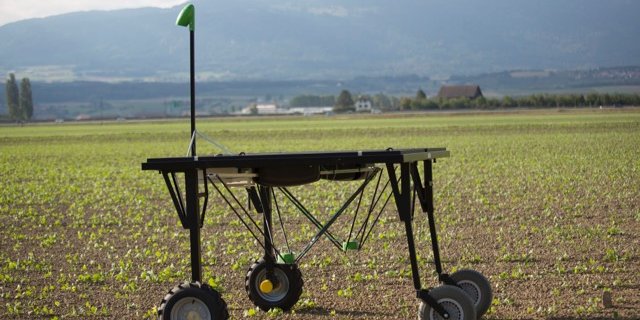 Der Feldroboter der Firma „Ecorobotix“ erkennt Unkräuter und bringt die Herbizide gezielt aus. So sind weniger Herbizide notwendig. (Bild Ecorobotix) 