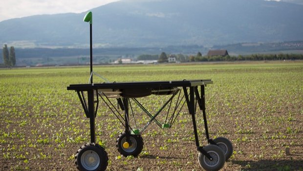 Der Feldroboter der Firma „Ecorobotix“ erkennt Unkräuter und bringt die Herbizide gezielt aus. So sind weniger Herbizide notwendig. (Bild Ecorobotix) 