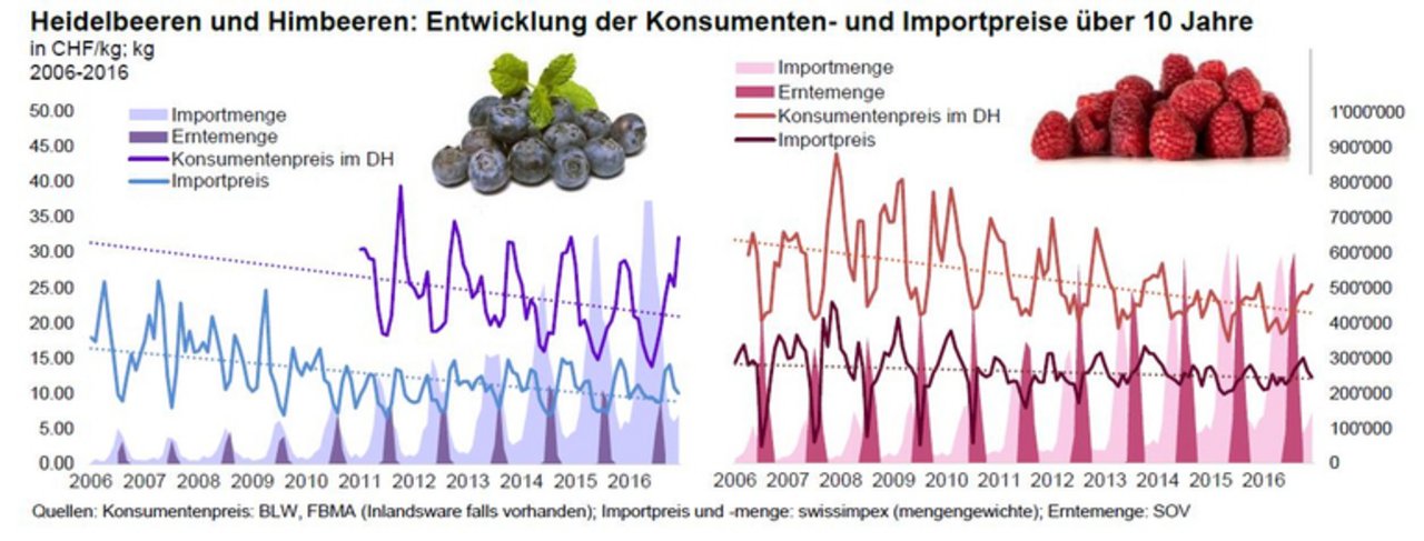 Die Nachfrage nach Heidelbeeren und Himbeeren ist in den letzten sieben Jahren stark gestiegen. (Grafik BLW, Fachbereich Marktanalyse)