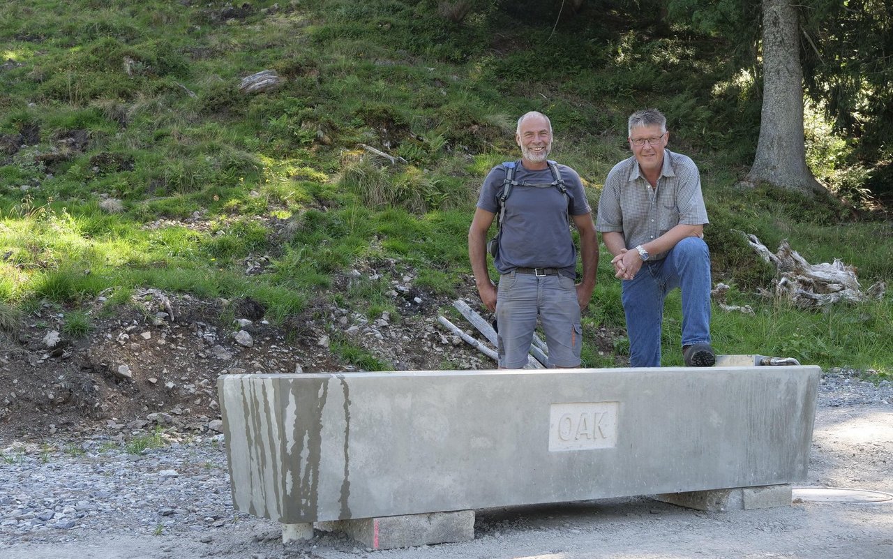 Paul Bellmont (links) und Karl Betschar stehen am fertig gestellten Tränkebrunnen auf der Alp.