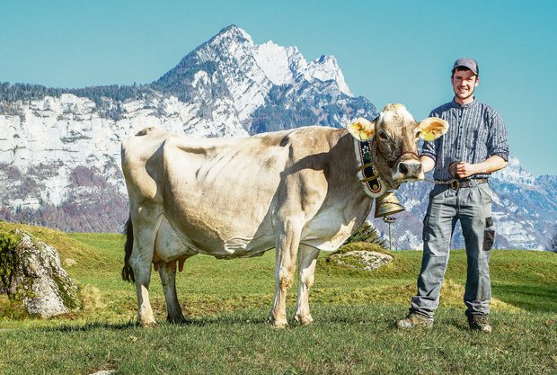 Kuh der Woche: «Wir hatten ein Riesenglück» Roland Kamms Sohn Mirco und Torello Veronica, die die Marke von 100 000 kg Milchleistung geknackt hat. (Bild Braunvieh Schweiz)