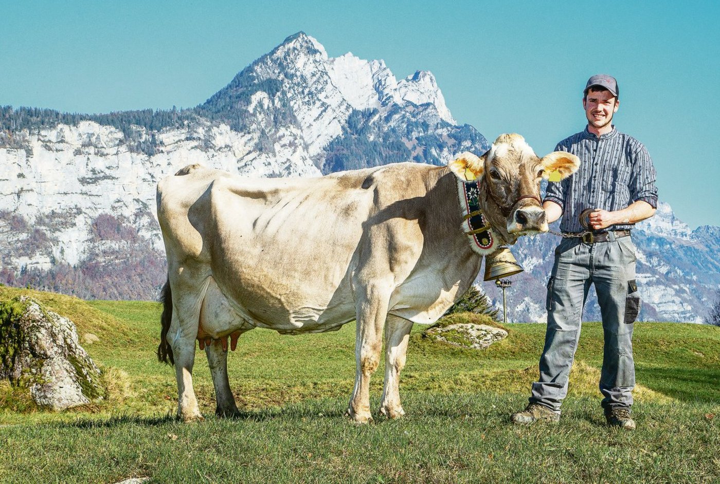 Roland Kamms Sohn Mirco  und Torello Veronica, die die Marke von 100 000 kg Milchleistung geknackt hat. (Bild Braunvieh Schweiz)