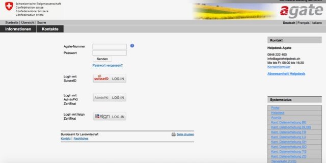 So sieht die Login-Seite von Agate aktuell noch aus. Am 3. September wird vieles neu. (Bild Screenshot agate.ch)