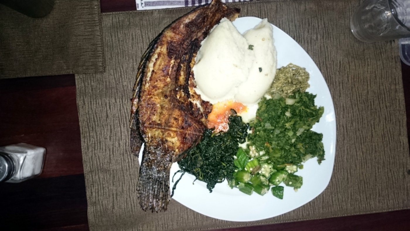 Sambischer Teller, im Gegenuhrzeigersinn, beginnend bei der Brachse: Süsskartoffelblätter („Kalembula“), Gemüse-Eibisch („Okra“), Rapsblätter („Rape“); afrikanischer Kohl mit Erdnüssen („Lubanga“) und „last but not least“: die Mutter aller Grundnahrungsmittel: „Nshima“.