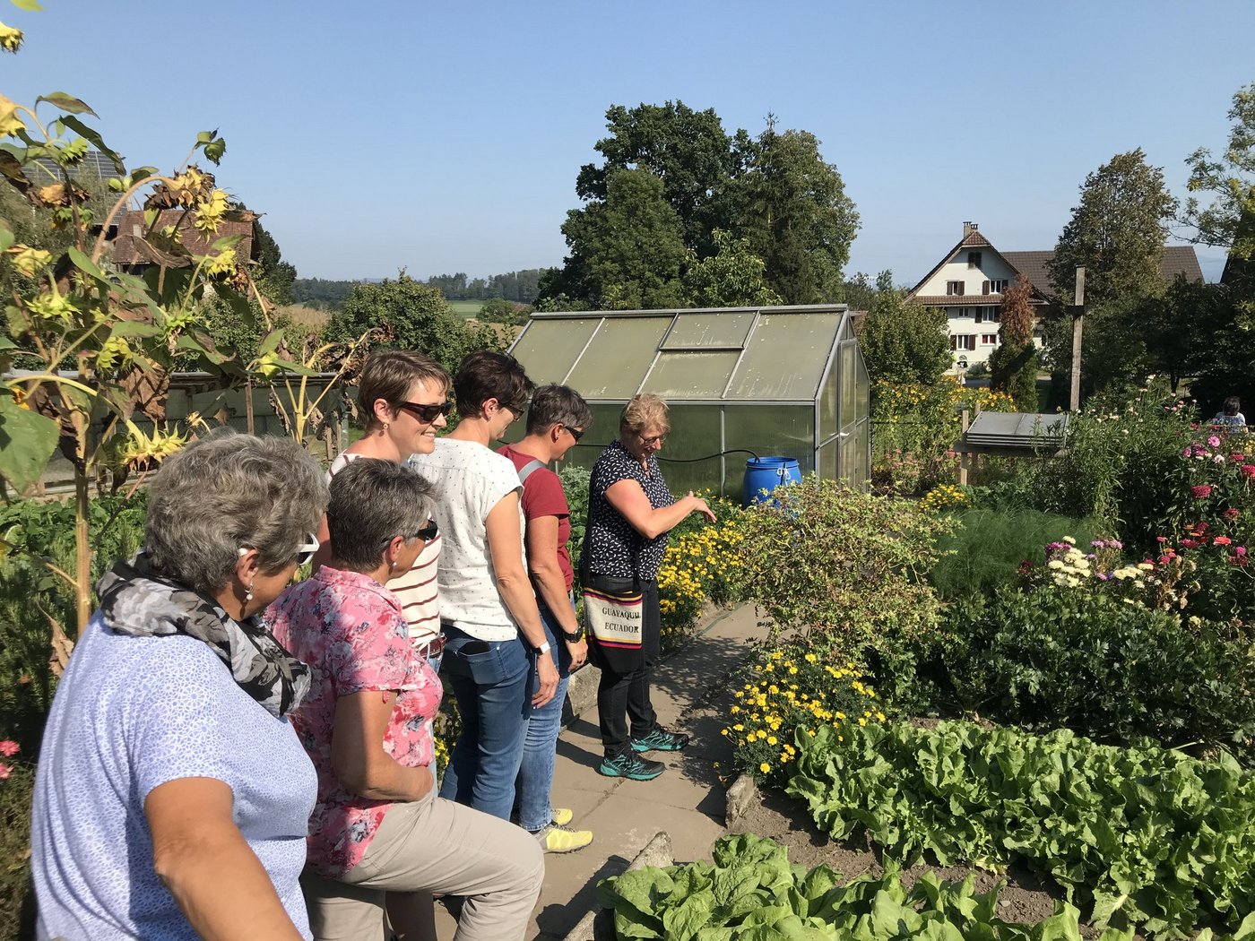 An einem Herbstnachmittag vor einiger Zeit unterwegs im Bauerngarten von Ruth Müller (r.). Sie erklärt den Kursteilnehmerinnen die praktische Anwendung und die Wirkung von Homöopathie im Garten. (Bild fj)