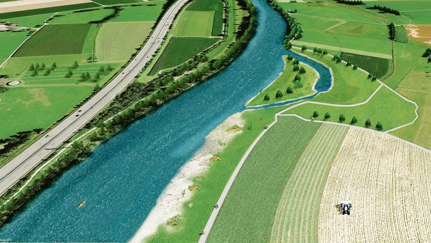 Für den Hochwasserschutz müsse die Reuss ausgeweitet werden. Das verbraucht viel Land. Die Suche nach Realersatz sei bei der unteren Reuss (Bild) schwierig, sagt der Kanton.(Visualisierung zVg)