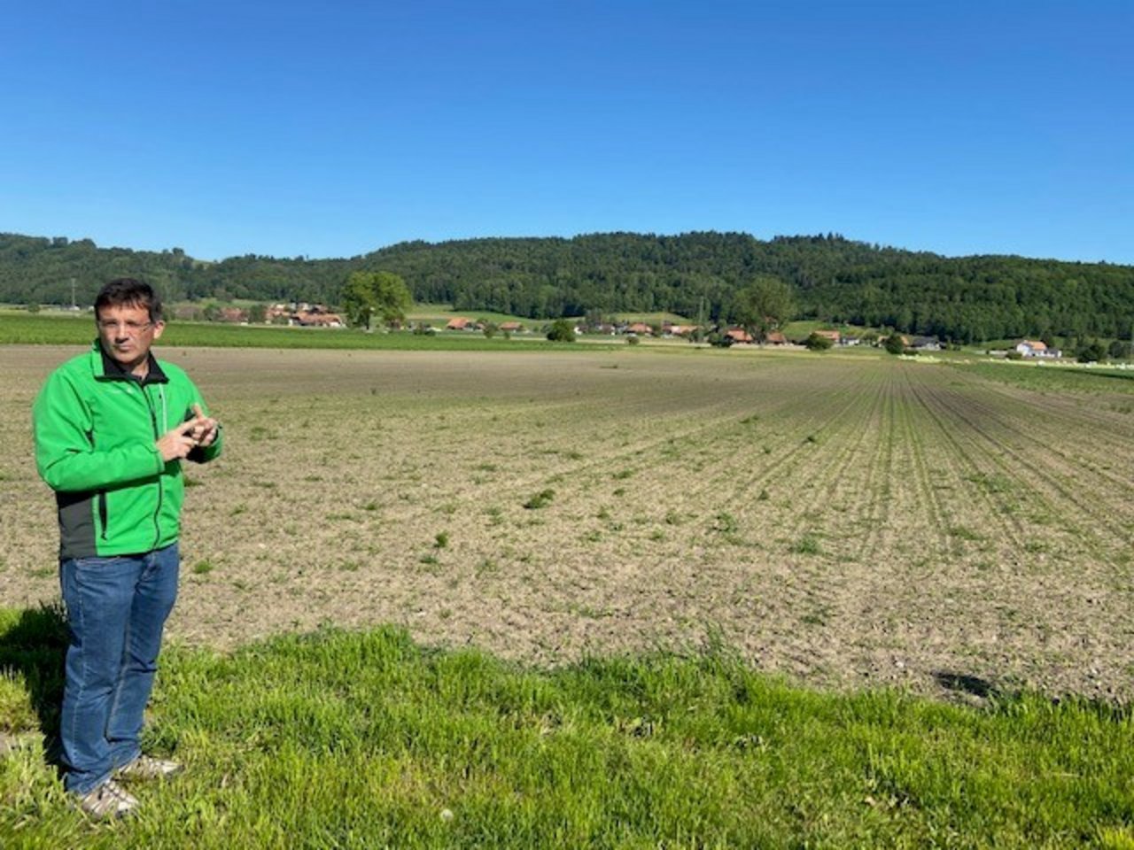 Urs Bürgi vor einer seiner Maisparzellen in Limpach. Er ist noch unsicher, ob er sie wie geplant herbizidfrei durchbringt. (Bild akr)