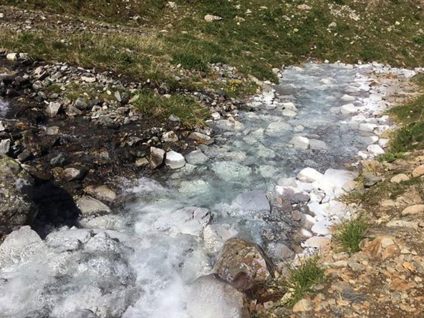 Ein Bergbach im Engadin ist über mehrere Kilometer weiss gefärbt. (Bild: Christoph Wanner, Institut für Geologie, Universität Bern)