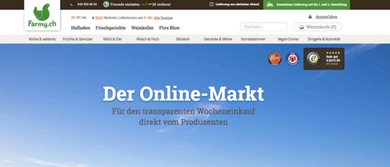 In der Deutschschweiz bietet Farmy.ch ihren Kunden online bereits über 6'000 Produkte von mehr als 700 Bauern an. (Bild Screenshot Farmy.ch)
