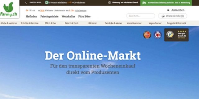 In der Deutschschweiz bietet Farmy.ch ihren Kunden online bereits über 6'000 Produkte von mehr als 700 Bauern an. (Bild Screenshot Farmy.ch)